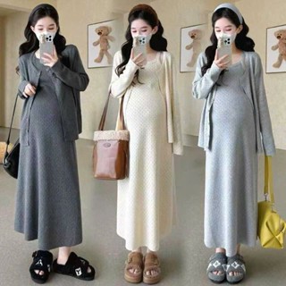  Set len bầu MAMI MSVL11 váy len bầu lông thỏ co giãn tay dài dáng dài cúc đồng mùa đông Freesize 40-75kg chất liệu 