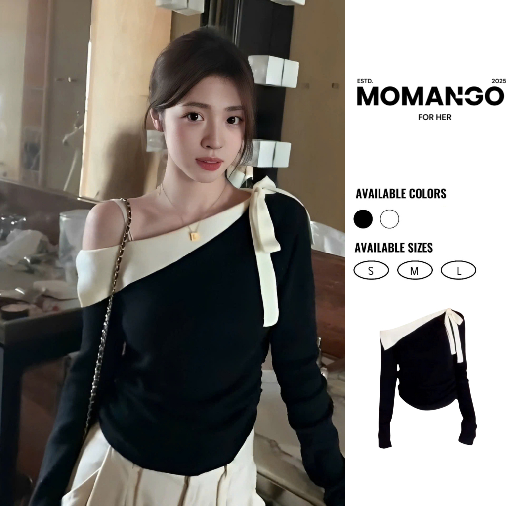 Áo kiểu nữ dài tay thiết kế thắt nơ lệch vai Momango For Her, áo thun nữ chất liệu thun tăm cotton m