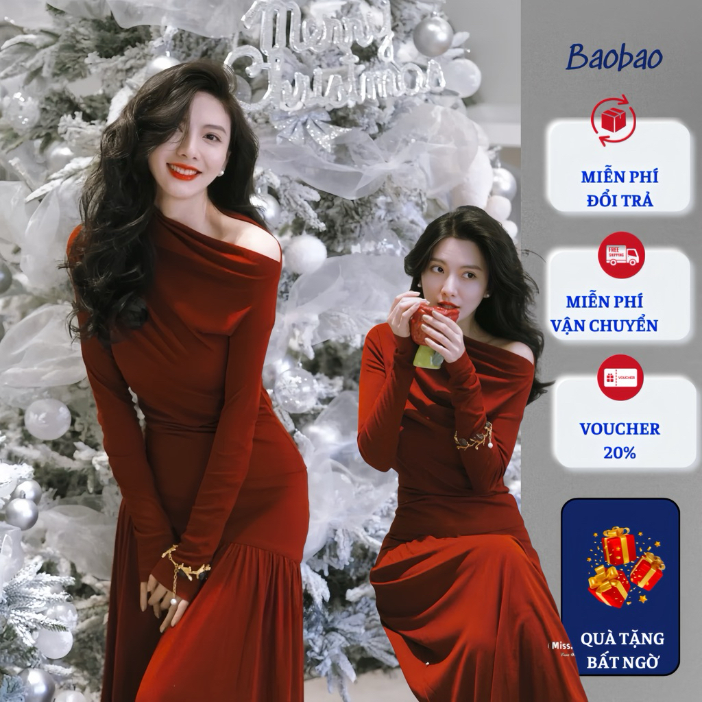 Đầm đỏ dự tiệc lệch vai, đầm thun nhún trễ vai sang chảnh, váy đỏ nhún eo tiểu thư_B369