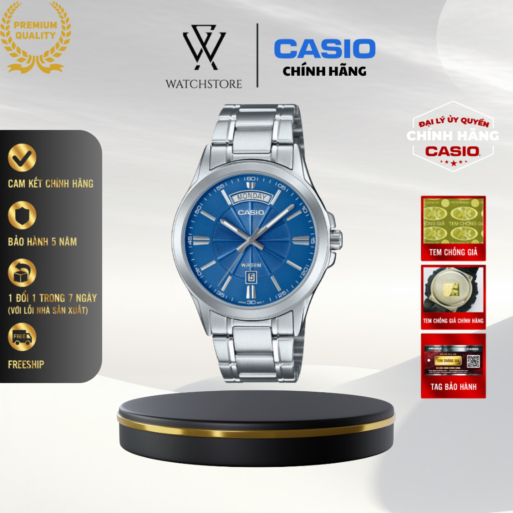 Đồng Hồ Casio Nam MTP-1381D-2AVDF Mặt Xanh Dạ Quang Kính Khoáng 39.9mm Chống Nước Dây Kim Loại Không
