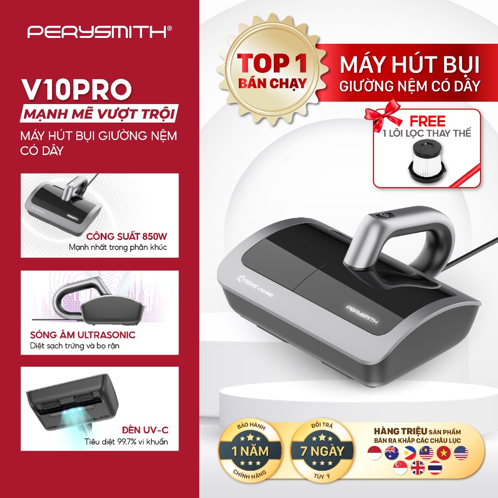 Máy Hút Bụi Giường Nệm PerySmith V10Pro Cầm Tay Hút Bụi Mịn Gọn Nhẹ Đèn Tia UV Diệt Khuẩn