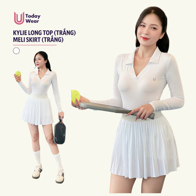 [THU ĐÔNG - DEAL HỜI MỞ BÁN] Set đồ tập thể thao nữ Áo Kylie long top trắng mix chân váy Meli trắng Today U Wear