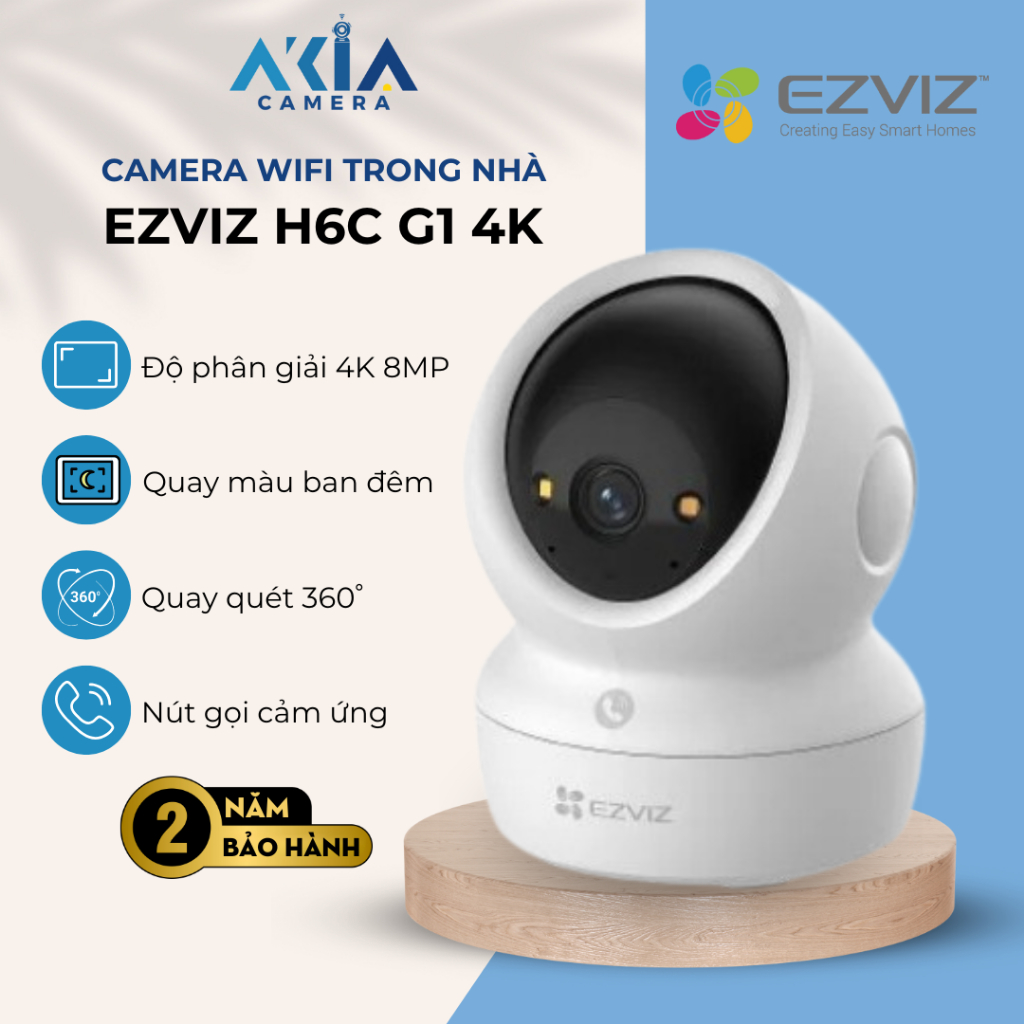 Camera Wifi Ezviz H6C G1 8MP (4K) - Độ nét cao 4K, Quay quét 360 độ, Hỗ trợ quay màu ban đêm, Nút Ch