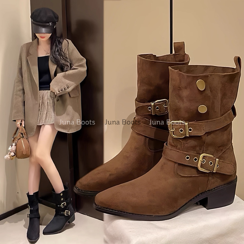 Giày bốt nữ cổ ngắn da lộn cổ khuy bấm da mềm mịn - Boots nữ phong cách Vintage cowboy