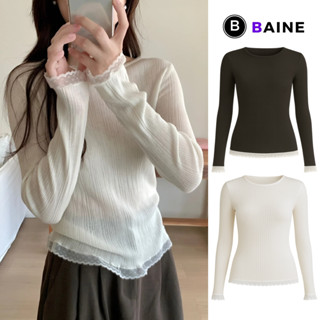  Áo Thun TAY DÀI CỔ TRÒN VIỀN BÈO REN DD113 Áo Babytee Nữ Chất Thun Len Gân Ôm Body BAINE 