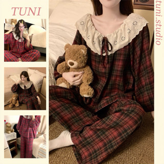  Bộ Đồ Ngủ Kẻ Sọc Đỏ Thắt Nơ Xinh Xắn Áo Tay Dài Quần Dài Nữ Women Có Size 65kg Tuni.studio T07DM 