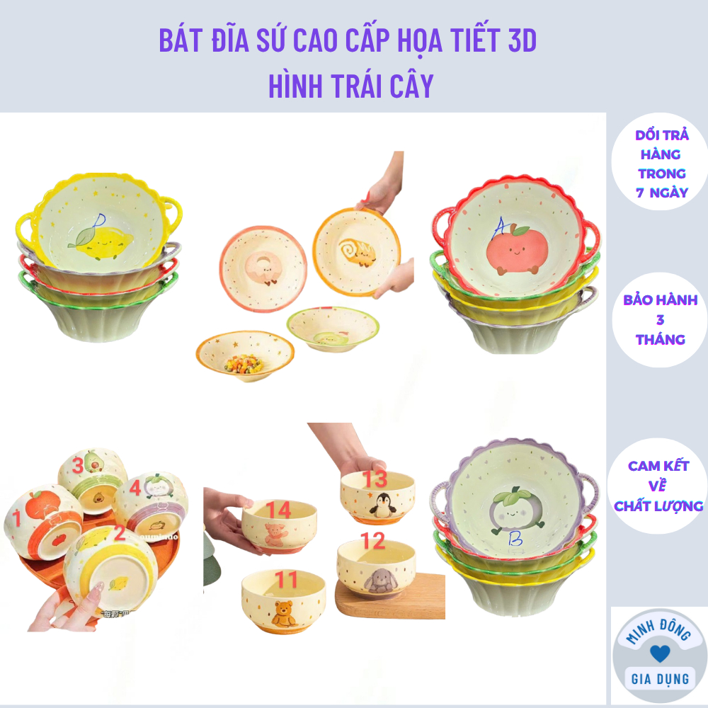 Bát Đĩa Sứ Cao Cấp Họa Men Mịn Màng, Hàng Xịn Họa Tiết Trái Cây