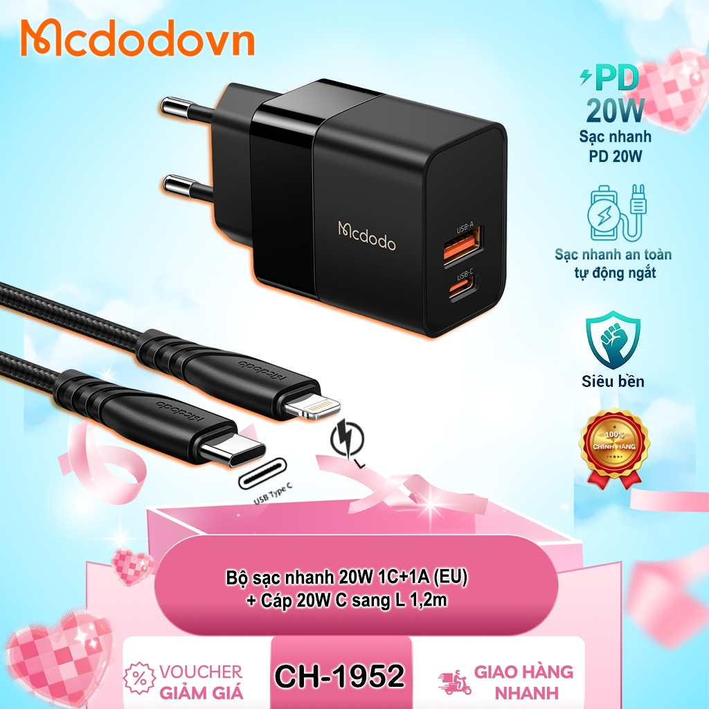 [BỘ SẠC CHÍNH HÃNG MCDODO] Củ Sạc Nhanh Mcdodo CH-1952 20W (1C + 1A – Chuẩn EU) + Cáp C to L 1.2m – 