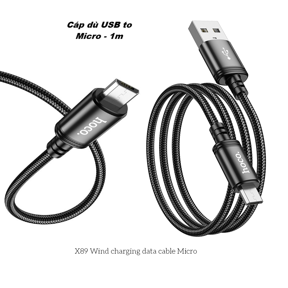 Cáp Sạc USB to Micro Dù Đen Hoco X89 – Dây Sạc Nhanh, Chống Đứt, Dài 1m, Bền Bỉ, Chính Hãng