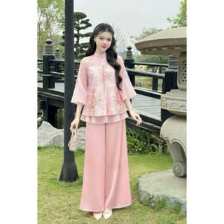  Set bộ gấm hoa nổi thời trang nữ phù hợp đi chùa đi chơi cổ tàu đính cúc ngọc tay lỡ áo 2 tầng tà quần ống suông dài max 