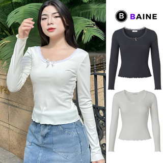 [XẢ HÀNG] Áo Thun TAY DÀI CỔ TRÒN VIỀN REN ĐÍNH NƠ Dáng Dài Nữ BM187, Áo Babytee Trơn Chất Thun Gân Kiểu Ôm Body BAINE
