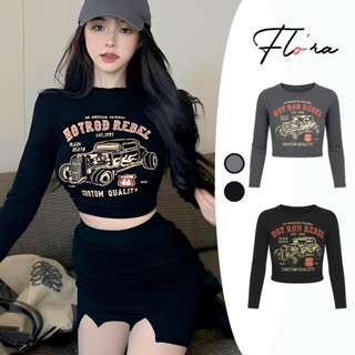  Áo Croptop HOTROD Bo Eo Chất Borip CR132 Áo Thun Tay Dài Ôm Body Kiểu In Thời Trang Nữ Flo'ra 