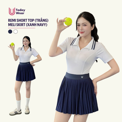 Set bộ đồ thể thao nữ áo Remi Short trắng mix chân váy Meli Skirt xanh Today U Wear năng động