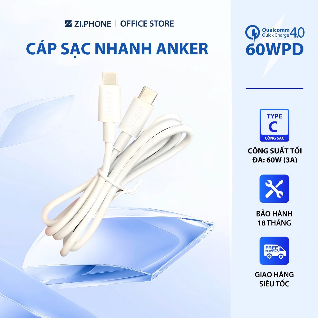 Cáp sạc nhanh Anker 60W C to C chính hãng, sạc nhanh PD cho iphone, macbook, samsung,...