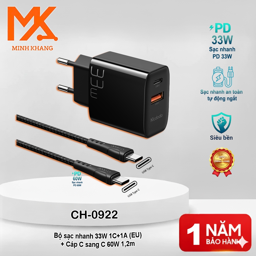Bộ Sạc Nhanh Mcdodo CH-1952 / CH-4002 / CH-4003 / CH-0922 – PD 20W~33W, Kèm Cáp 1.2m