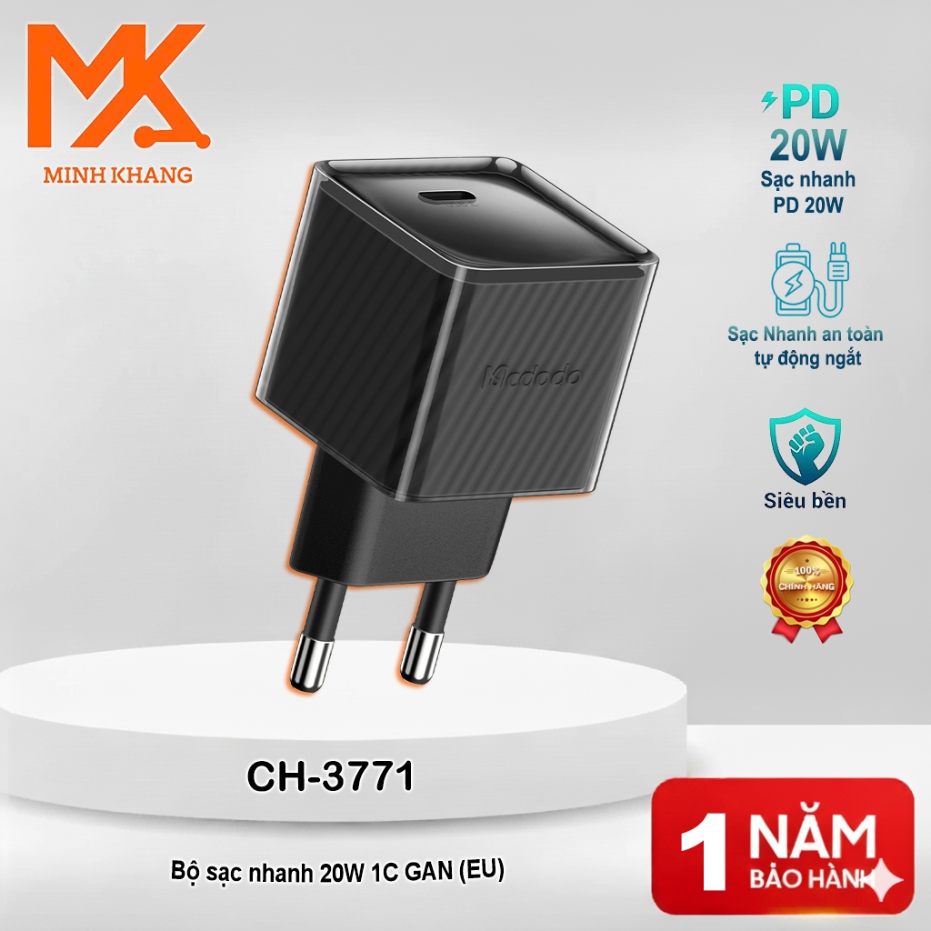 Bộ Sạc Nhanh 20W 1C GaN Mcdodo CH-3771 (EU) – Nhỏ Gọn, An Toàn, Tiện Lợi