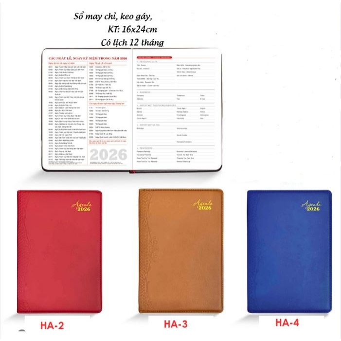 SỔ TAY AGENDA 2026 - KT: 14 x 26 CM - SỔ TAY BÌA DA - SỔ CÓ LỊCH 2026