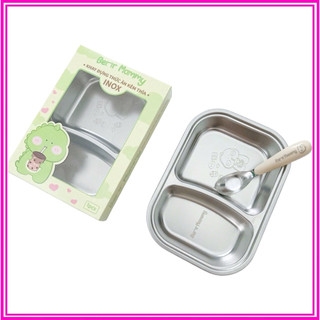 Khay Đựng Thức Ăn Kèm Thìa Inox, Khay Ăn Dặm Inox 2 Ngăn Cho Bé Chất Liệu Inox 316