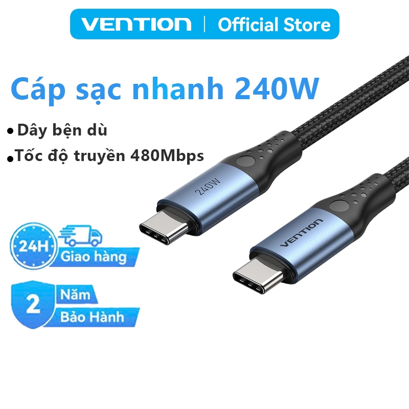 Cáp Sạc Nhanh 240W Vention Type C, Tốc Độ 480Mbps, Dây Dù Bện 4mm Đầu Hợp Kim Nhôm Mạ Niken Bền Chắc | BigBuy360 - bigbuy360.vn