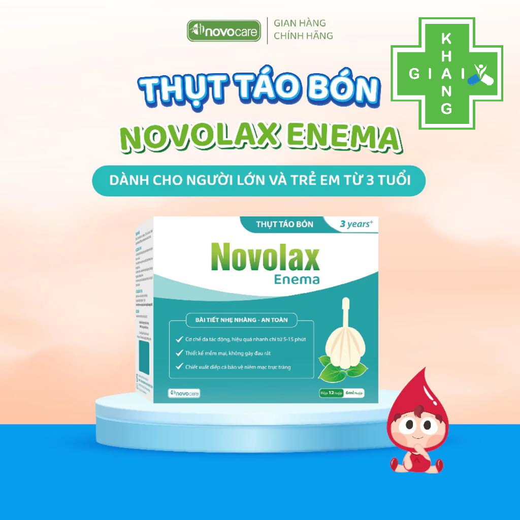 Thụt táo bón Novolax Enema cho trẻ từ 3 tuổi và người lớn (Hộp 12 ống)