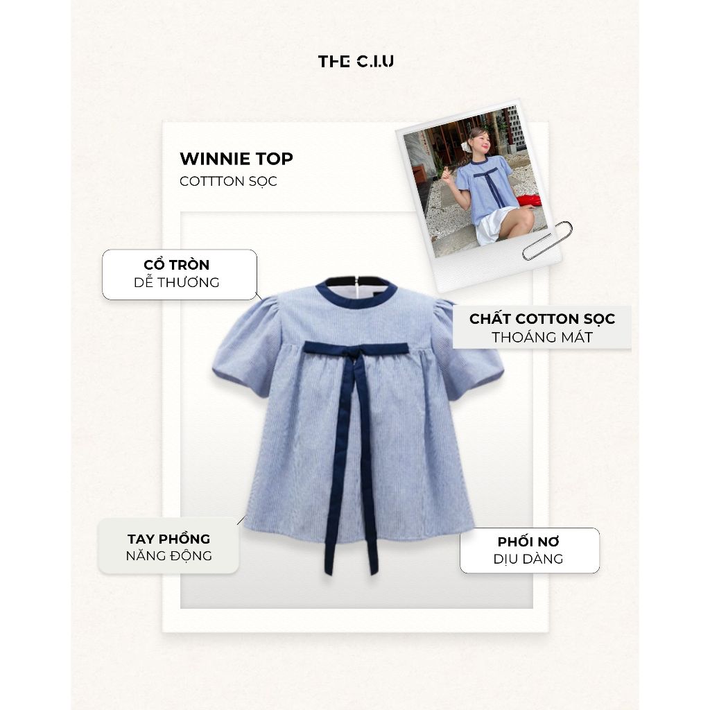 Áo kiểu babydoll sọc viền bo cổ tay phồng phối nơ THE C.I.U, áo thiết kế nữ chất cotton sọc form rộng dễ phối – Winnie T | BigBuy360 - bigbuy360.vn