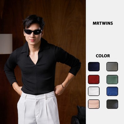 Áo Thun Nam Tay Dài Cổ Bẻ Chữ V Form Body Cotton Tăm Gân Thương Hiệu Mr Twins