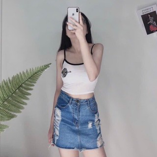 Áo 2 dây croptop thêu hoa thun lạnh