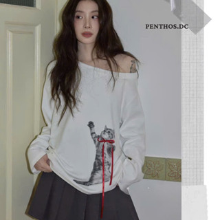  Áo Dài Tay Lệch Vai Form Rộng  PENTHOS Áo thun cotton 100% 4 chiều cao cấp full size từ 45kg - 68kg 