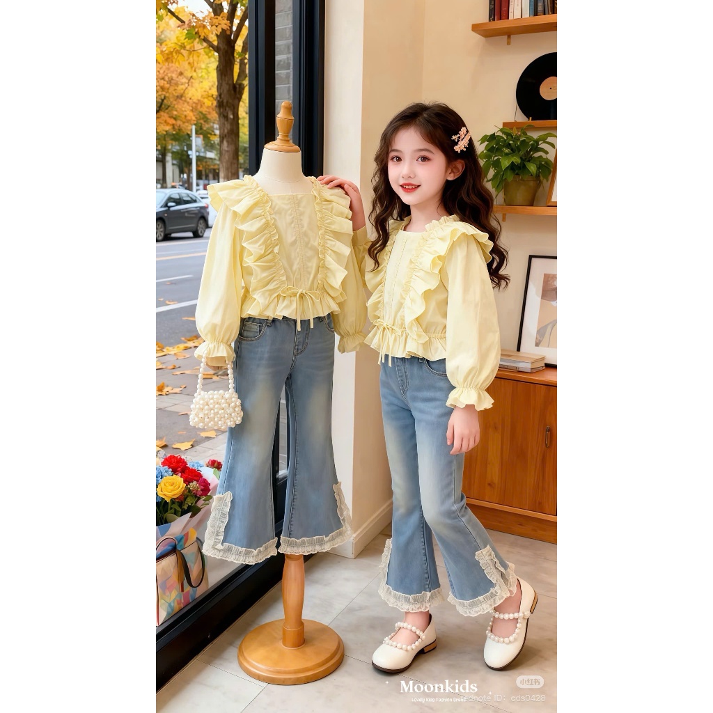 sét  áo sơ mi kiểu phối bèo màu vàng xinh kèm quần jean  điệu đà cho bé gái