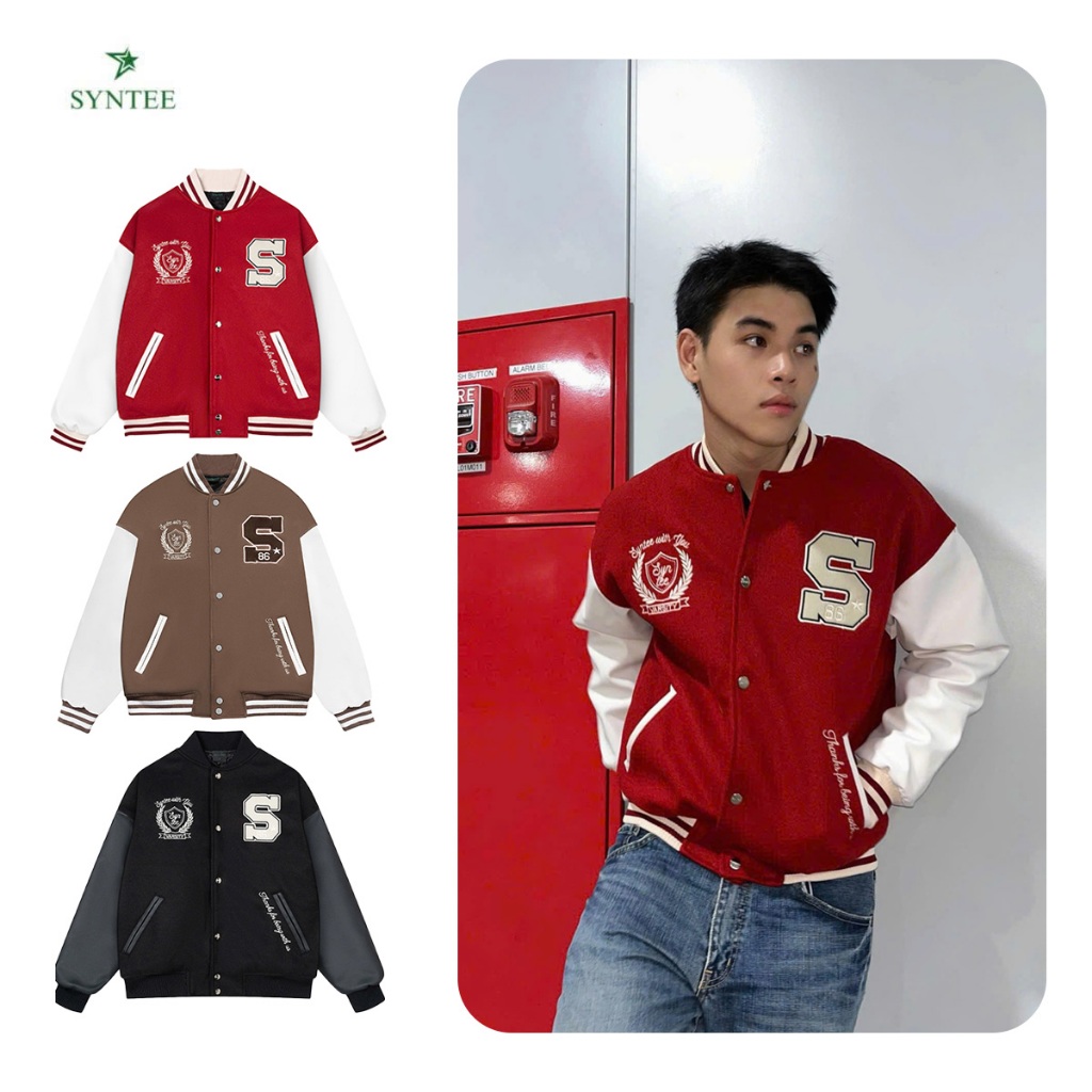  Áo Khoác Varsity Academy SYNTEE Full Thêu Dạ Phối Tay Da Trần Phảo Quả Trám 