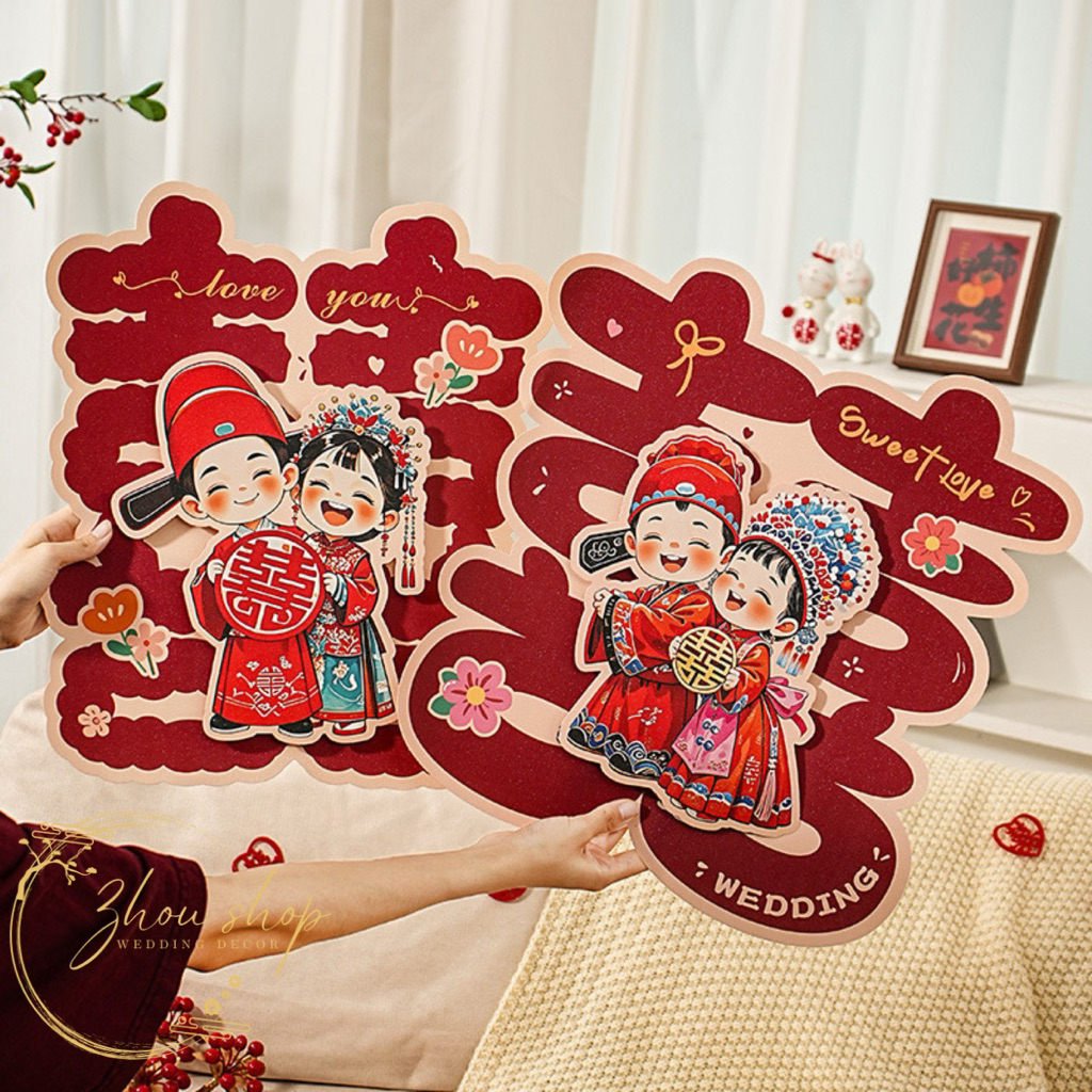 Chữ Song Hỷ Dán Tường Trang Trí Đám Cưới – Giấy Bìa Đỏ Cứng Cao Cấp