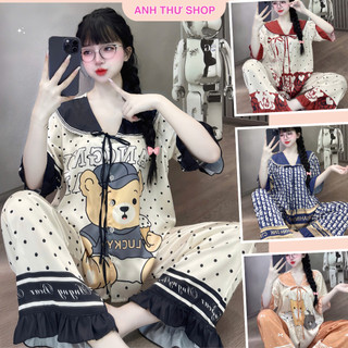  Bộ Đồ Ngủ Nữ Đồ Mặc Nhà Quần Dài Bèo Tay Lỡ Cổ Ren Chất Lụa Latin ,Mềm Mịn Freesize Từ 40-62kg- AT Shop 