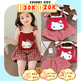  Bộ đùi bé gái áo 2 dây Hello Kitty + quần bí kẻ caro siêu xinh – Set đồ bé gái mùa hè cho bé 9-30kg 