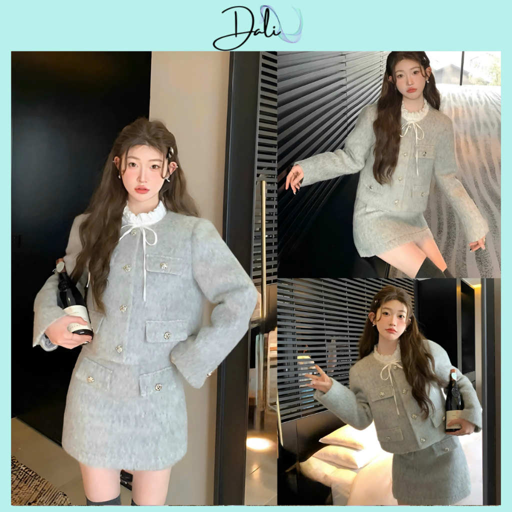 Set Váy Dạ Ép 2 Món Màu Xám Gồm Áo Khoác Phối Cổ Bèo 2 Lớp Đính Cúc Ngọc + Chân Váy Chữ A | BigBuy360 - bigbuy360.vn