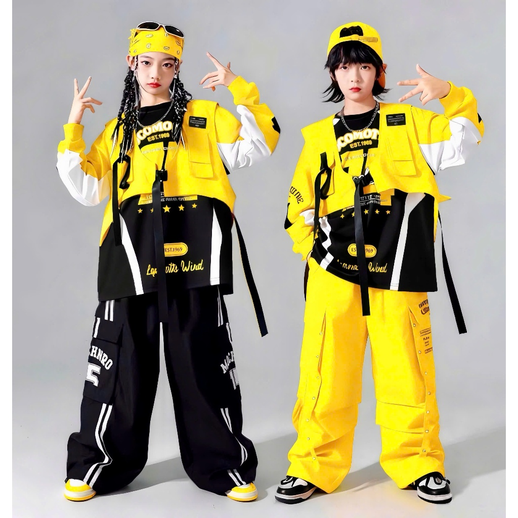 Set Đồ Nhảy Nhóm Hiphop 2025 Vàng Đen Cá Tính Đường Phố cho bé 4-12 tuổi
