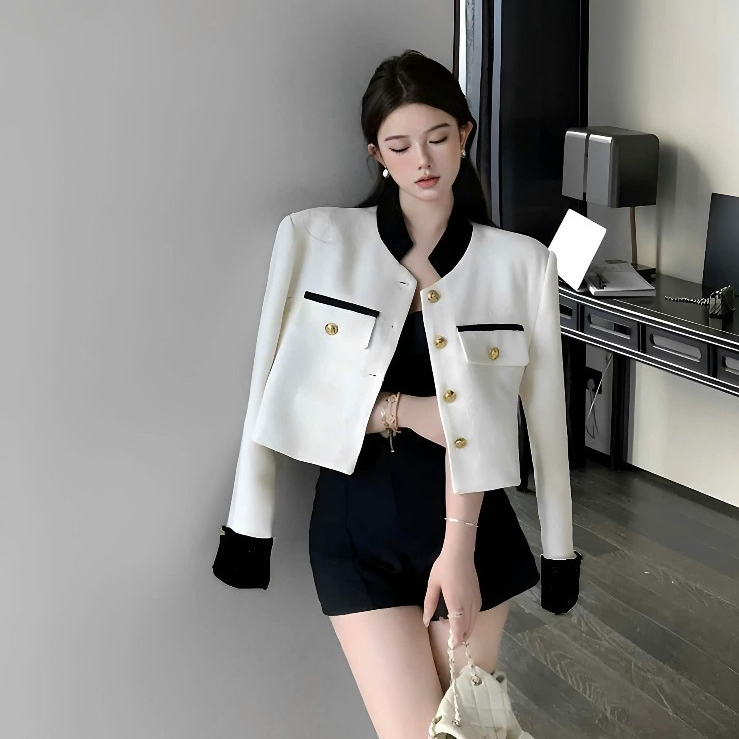 Áo Khoác Dạ Cổ Tàu Phối Tay Gấp Gấu Đính Cúc Ngọc 2 Lớp Chất Liệu Dạ Ép | BigBuy360 - bigbuy360.vn