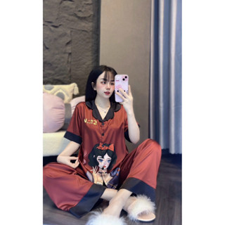  Hl95 40-105kg  Pijama Tay Ngắn quần Dài in 5D - Cổ bẻ - Kèm cột tóc 