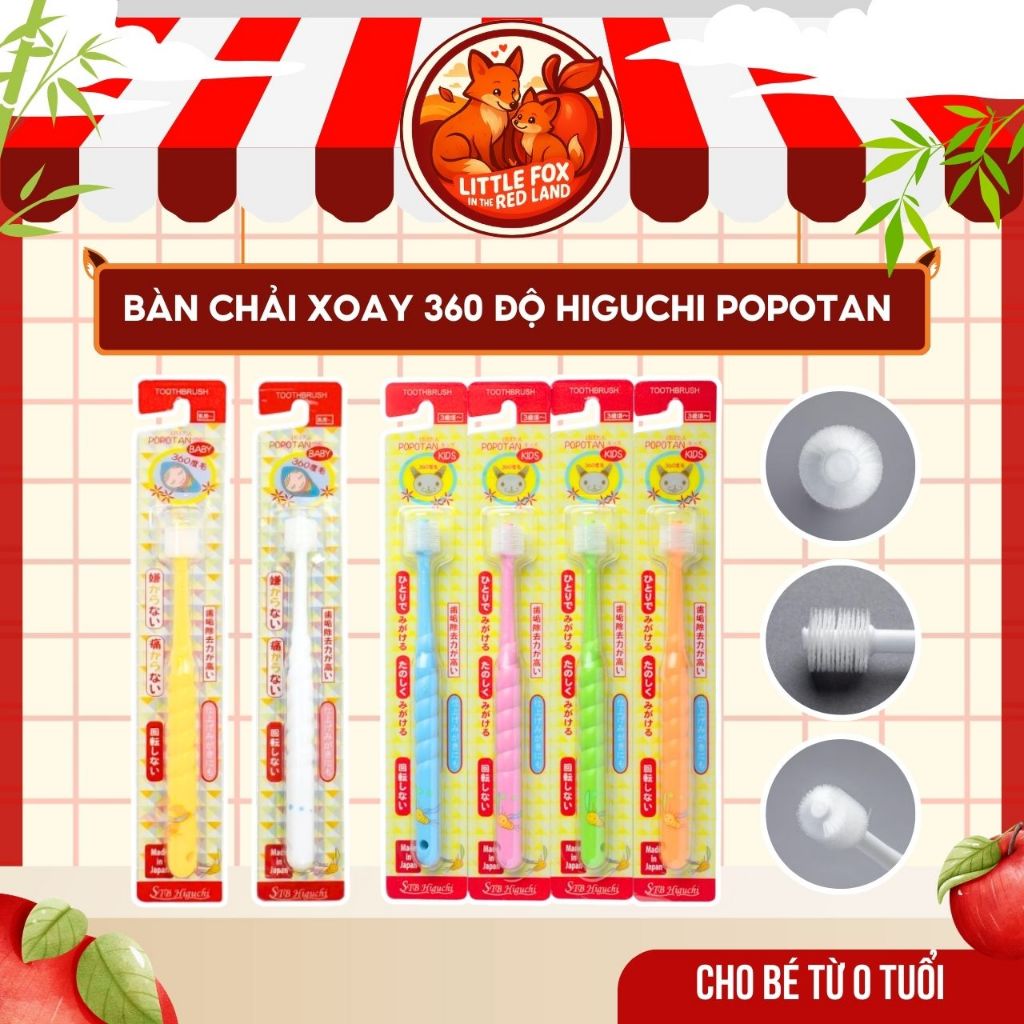 Bàn Chải Đánh Răng Xoay 360 Độ POPOTAN BABY Nhật Bản – Lông Mềm, An Toàn Cho Trẻ Từ 0–3Y Và Trên 3Y+