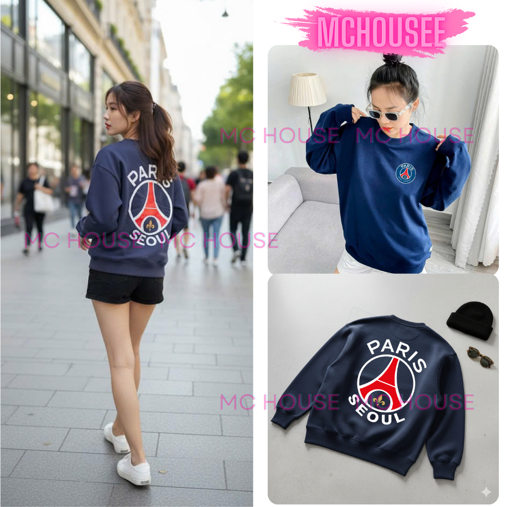 Áo Sweater PSG Áo nỉ xanh navy kiểu dáng unisex dành cho nam nữ mẫu mới 2025