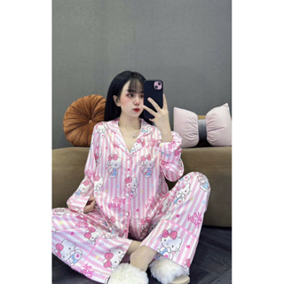  HL86 4size 40-105kg  BỘ PIJAMA TAY DÀI QUẦN DÀI CỔ BẺ- PHỐI ĐÍNH NÚT MÀU- fom rộng - kèm cột tóc 