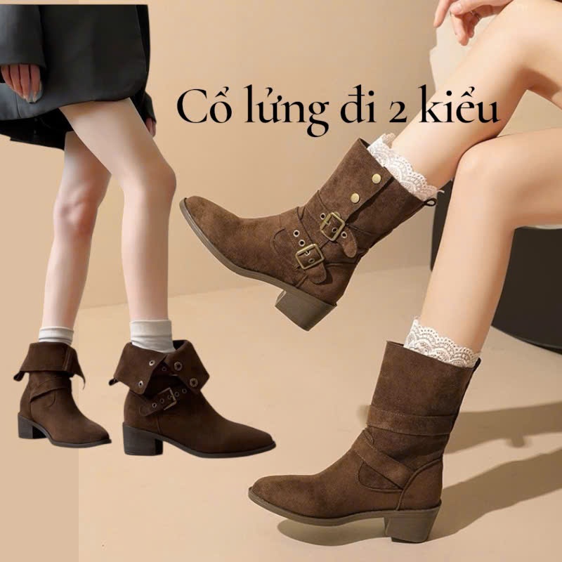 Boot nữ da lộn cao cổ khóa cạnh boot lửng thu đông gót vuông boot da lộn nhún đai cạnh mới 2025