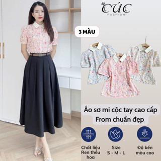  Áo sơ mi Cúc fashion somi ngắn cao cấp vải lụa đẹp thời trang nữ công sở cộc tay ren hoa A403 