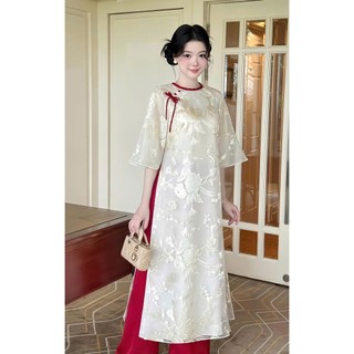 Set Áo Dài 4 Tà Bạch Chỉ Xuân Đính Nơ Vai Họa Tiết Hoa Thêu