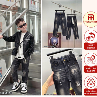  Quần jean bò bé trai lC0|\| form slimfit Đen mài rách tua sợi lót vải đùi gối vẩy sơn nhẹ phong cách boy phố 1395 