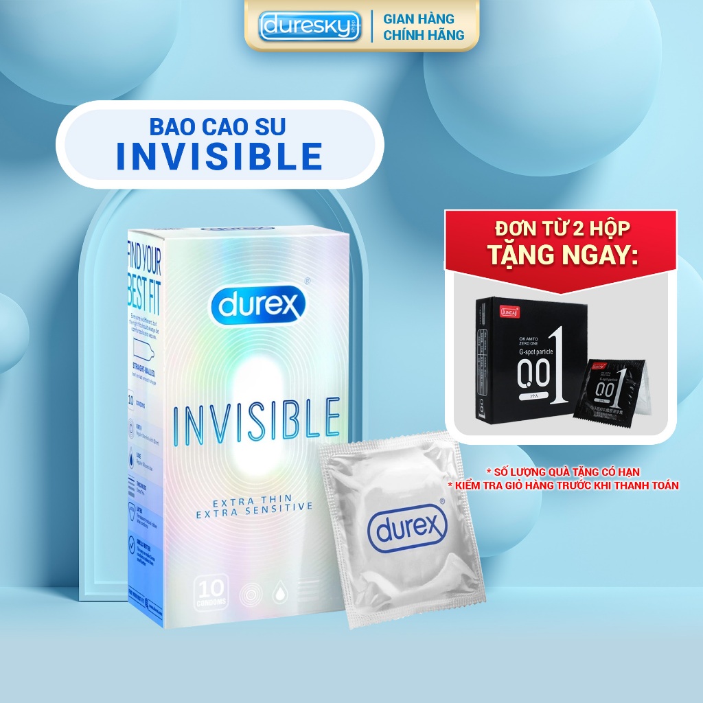 Bao Cao Su Durex Invisible DURESKY Siêu Mỏng Nhiều Chất Bôi Trơn Mát Lạnh Ôm Sát, Size 52mm, Hộp 10 Bao