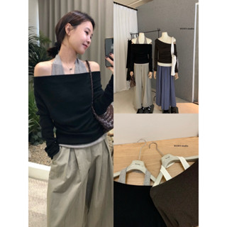  mie studio -  WGWE  w7592 Áo len dệt kim hở vai cổ yếm dài tay phối mix màu 