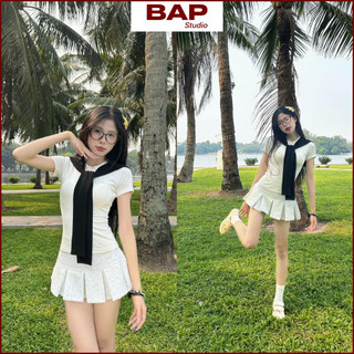  Set 3 món áo thun ôm body BAP STUDIO chất liệu cotton mềm mịn kèm chân váy xếp ly và khăn quàng CB01 