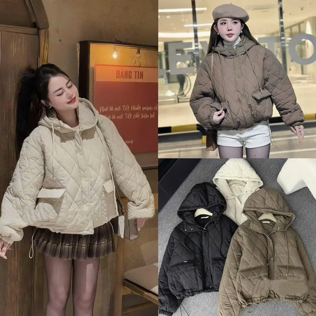 (Hàng Shop): Áo Phao Trần Trám Phối Dây Rút Gấu 3 Màu Tôn Da, Tôn Dáng , Dày Dặn Siêu Ấm - Ảnh Thật Trải Sàn Lollaye