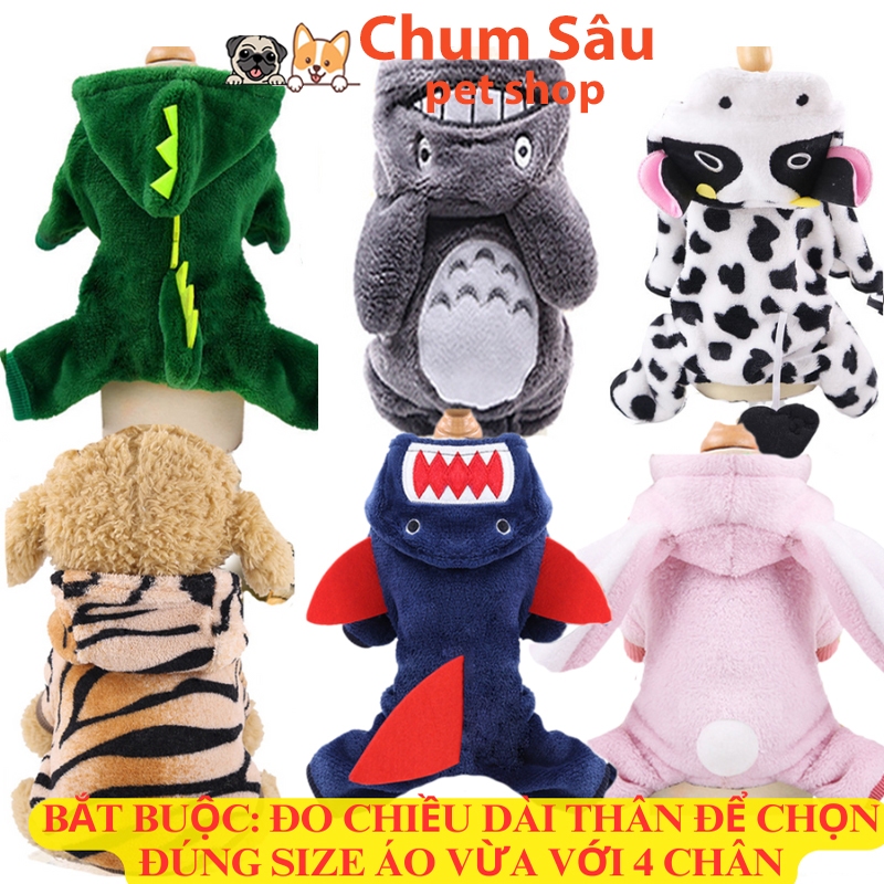 Quần áo ấm cho chó mèo mùa đông, Áo hoodie 4 chân cosplay khủng long, bò sữa Áo khoác cho chó cưng Trang phục cho chó