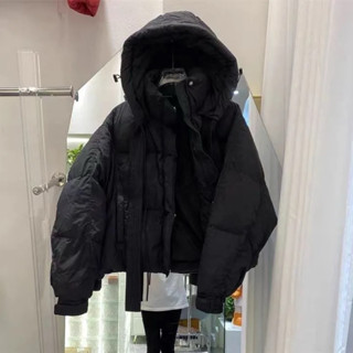  Áo phao có mũ trùm đầu dày dặn  form ngắn boxy rộng thoải mái phối dây ruy băng - Áo thiết kế cánh dơi dành cho nữ 